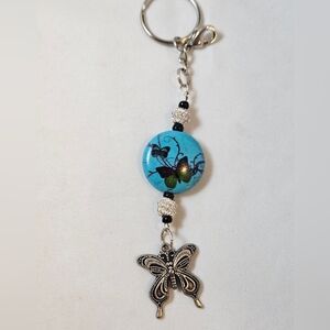 Handmade Butterfly Charm Keychain - Turquoise & Silver Beaded Key Fob